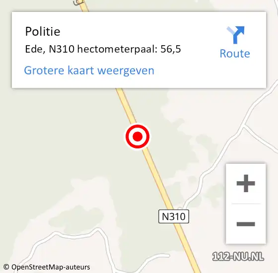 Locatie op kaart van de 112 melding: Politie Ede, N310 hectometerpaal: 56,5 op 19 juni 2022 20:57
