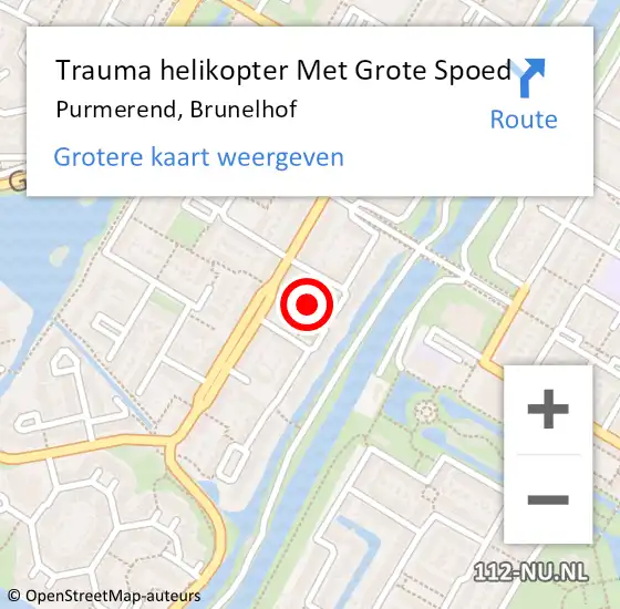 Locatie op kaart van de 112 melding: Trauma helikopter Met Grote Spoed Naar Purmerend, Brunelhof op 19 juni 2022 21:56