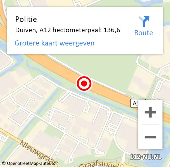 Locatie op kaart van de 112 melding: Politie Duiven, A12 hectometerpaal: 136,6 op 19 juni 2022 22:56