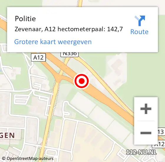 Locatie op kaart van de 112 melding: Politie Zevenaar, A12 hectometerpaal: 142,7 op 20 juni 2022 06:40