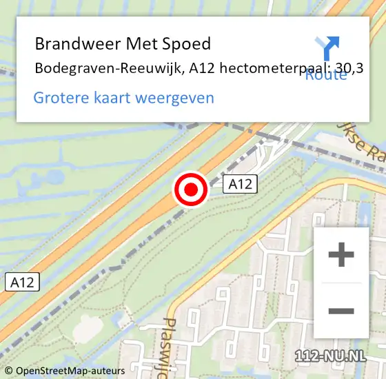 Locatie op kaart van de 112 melding: Brandweer Met Spoed Naar Bodegraven-Reeuwijk, A12 hectometerpaal: 30,3 op 20 juni 2022 12:06