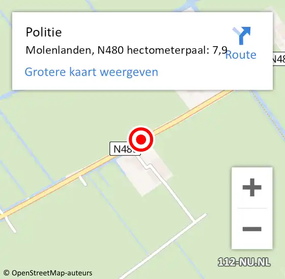 Locatie op kaart van de 112 melding: Politie Molenlanden, N480 hectometerpaal: 7,9 op 20 juni 2022 13:59