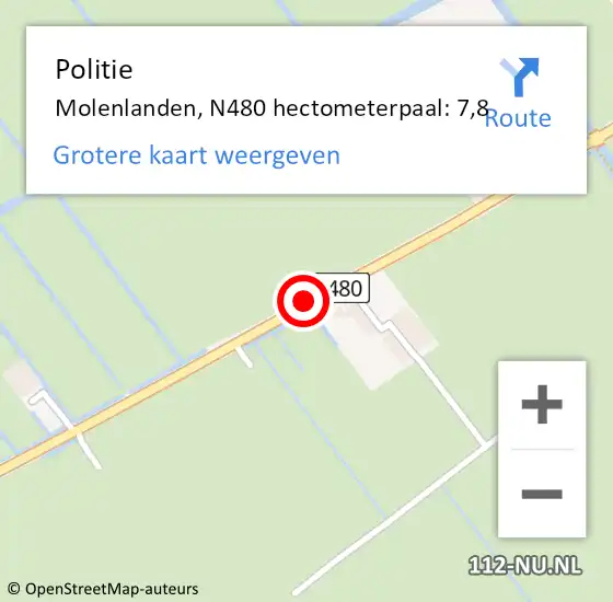 Locatie op kaart van de 112 melding: Politie Molenlanden, N480 hectometerpaal: 7,8 op 20 juni 2022 14:00