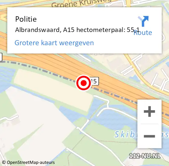 Locatie op kaart van de 112 melding: Politie Albrandswaard, A15 hectometerpaal: 55,1 op 20 juni 2022 17:09