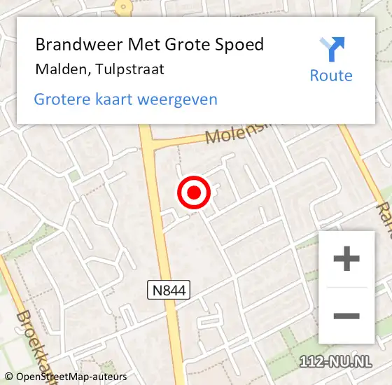 Locatie op kaart van de 112 melding: Brandweer Met Grote Spoed Naar Malden, Tulpstraat op 20 juni 2022 17:47