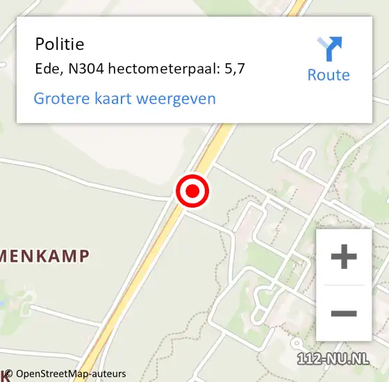 Locatie op kaart van de 112 melding: Politie Ede, N304 hectometerpaal: 5,7 op 20 juni 2022 20:01