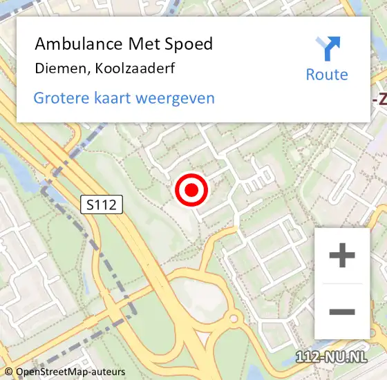 Locatie op kaart van de 112 melding: Ambulance Met Spoed Naar Diemen, Koolzaaderf op 20 juni 2022 20:03