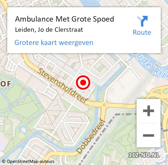 Locatie op kaart van de 112 melding: Ambulance Met Grote Spoed Naar Leiden, Jo de Clerstraat op 20 juni 2022 20:45