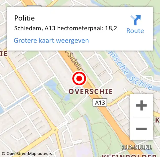 Locatie op kaart van de 112 melding: Politie Rotterdam, A13 hectometerpaal: 18,2 op 20 juni 2022 21:58