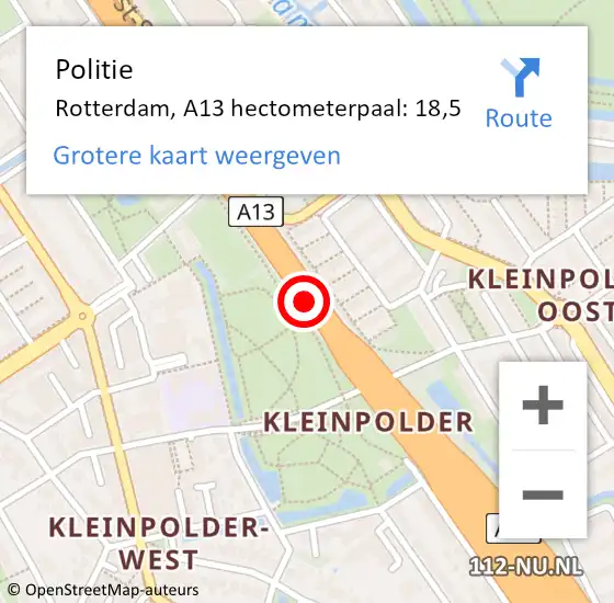 Locatie op kaart van de 112 melding: Politie Rotterdam, A13 hectometerpaal: 18,5 op 20 juni 2022 22:01