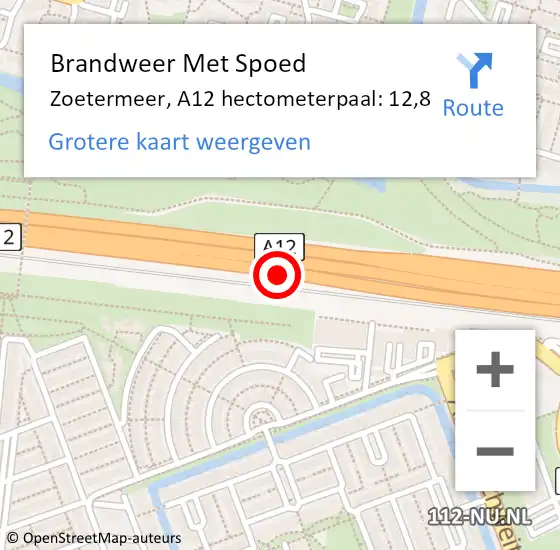 Locatie op kaart van de 112 melding: Brandweer Met Spoed Naar Zoetermeer, A12 hectometerpaal: 12,8 op 20 juni 2022 22:12
