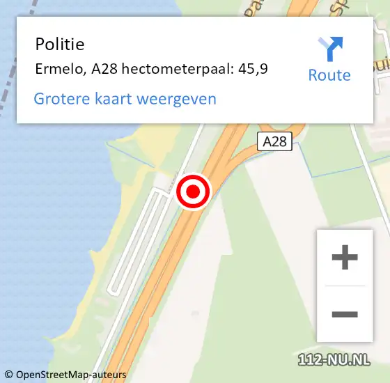 Locatie op kaart van de 112 melding: Politie Ermelo, A28 hectometerpaal: 45,9 op 20 juni 2022 23:58