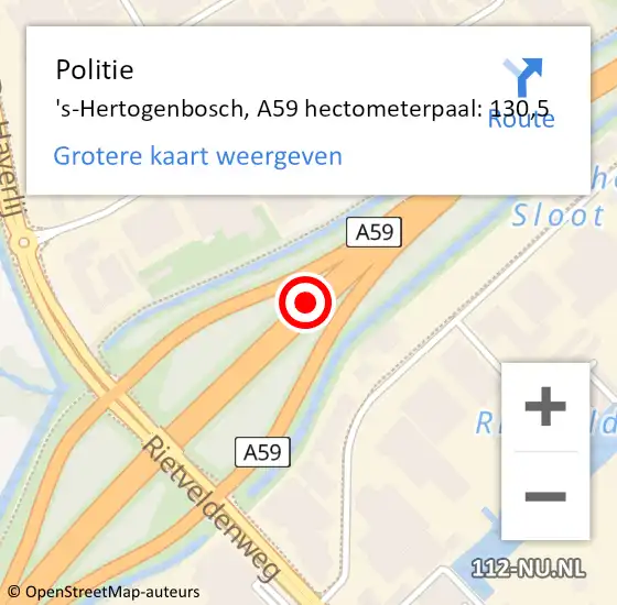 Locatie op kaart van de 112 melding: Politie 's-Hertogenbosch, A59 hectometerpaal: 130,5 op 21 juni 2022 01:02