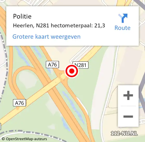 Locatie op kaart van de 112 melding: Politie Heerlen, N281 hectometerpaal: 21,3 op 21 juni 2022 04:01