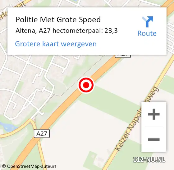 Locatie op kaart van de 112 melding: Politie Met Grote Spoed Naar Altena, A27 hectometerpaal: 23,3 op 21 juni 2022 07:09