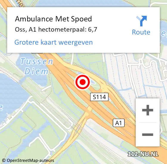 Locatie op kaart van de 112 melding: Ambulance Met Spoed Naar Oss, A1 hectometerpaal: 6,7 op 21 juni 2022 07:12