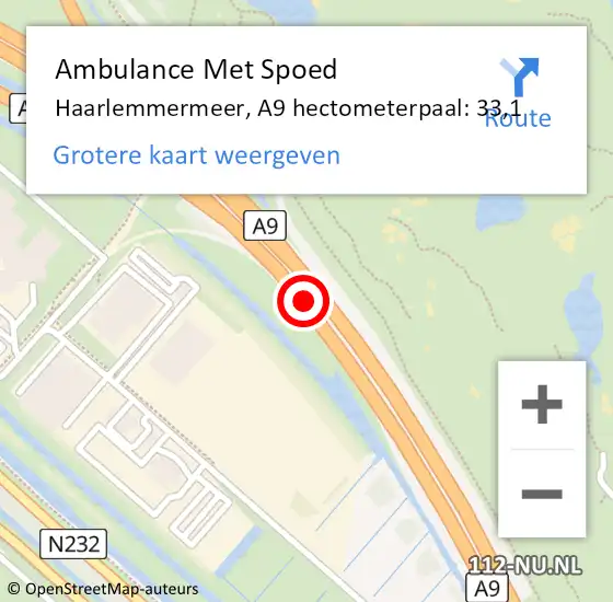 Locatie op kaart van de 112 melding: Ambulance Met Spoed Naar Haarlemmermeer, A9 hectometerpaal: 33,1 op 21 juni 2022 08:19
