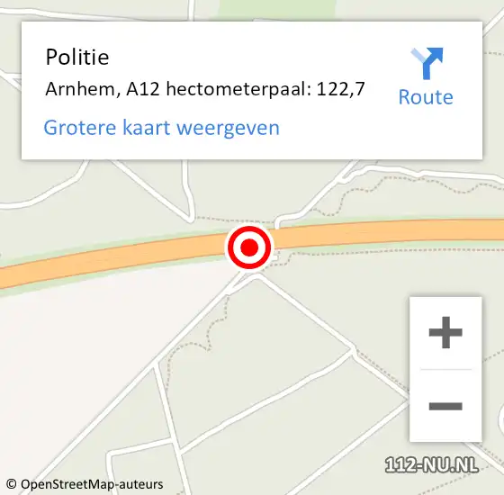 Locatie op kaart van de 112 melding: Politie Arnhem, A12 hectometerpaal: 122,7 op 21 juni 2022 08:44