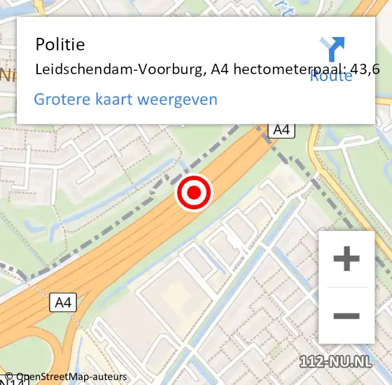 Locatie op kaart van de 112 melding: Politie Leidschendam-Voorburg, A4 hectometerpaal: 43,6 op 21 juni 2022 10:06