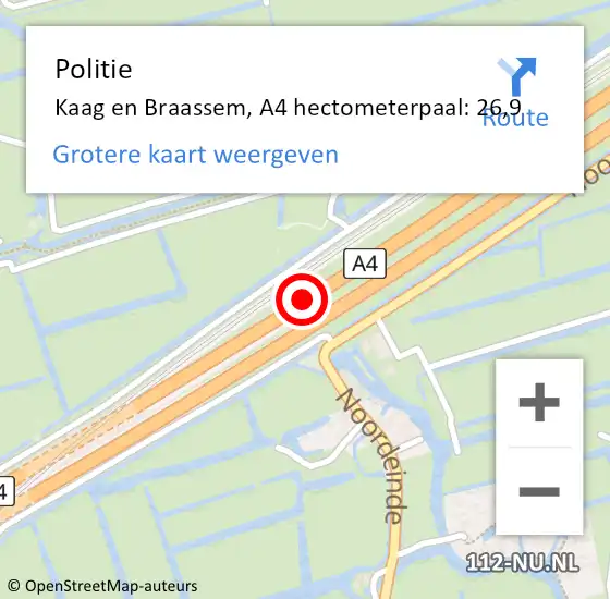 Locatie op kaart van de 112 melding: Politie Kaag en Braassem, A4 hectometerpaal: 26,9 op 21 juni 2022 10:17