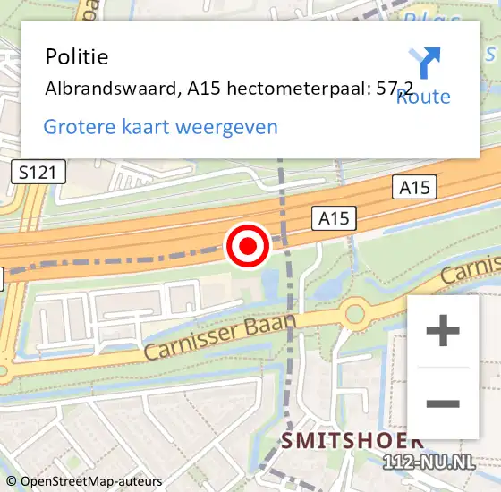Locatie op kaart van de 112 melding: Politie Barendrecht, A15 hectometerpaal: 57,2 op 21 juni 2022 10:38