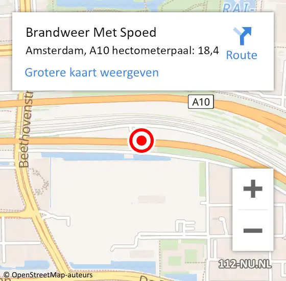 Locatie op kaart van de 112 melding: Brandweer Met Spoed Naar Amsterdam, A10 hectometerpaal: 18,4 op 21 juni 2022 10:59