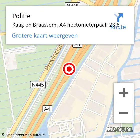 Locatie op kaart van de 112 melding: Politie Kaag en Braassem, A4 hectometerpaal: 23,8 op 21 juni 2022 14:28