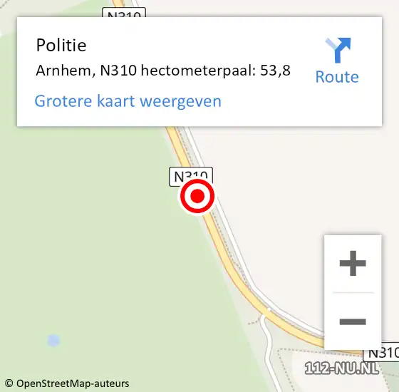 Locatie op kaart van de 112 melding: Politie Arnhem, N310 hectometerpaal: 53,8 op 21 juni 2022 15:10