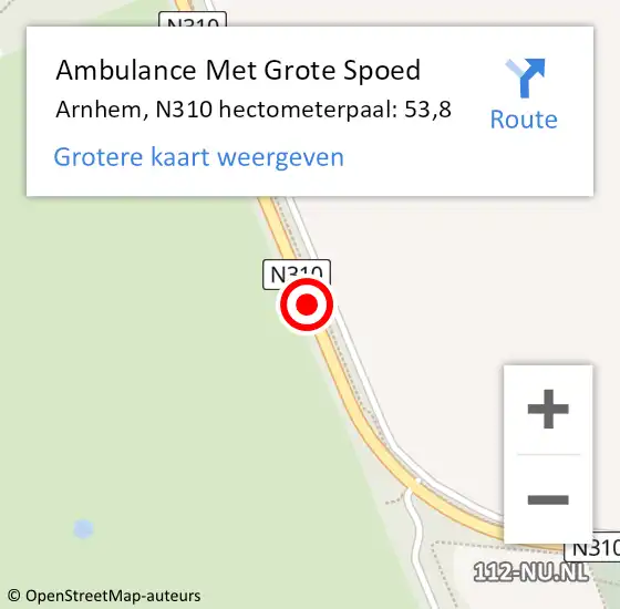 Locatie op kaart van de 112 melding: Ambulance Met Grote Spoed Naar Arnhem, N310 hectometerpaal: 53,8 op 21 juni 2022 15:11