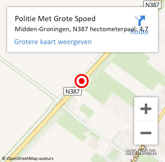 Locatie op kaart van de 112 melding: Politie Met Grote Spoed Naar Midden-Groningen, N387 hectometerpaal: 4,7 op 21 juni 2022 16:15