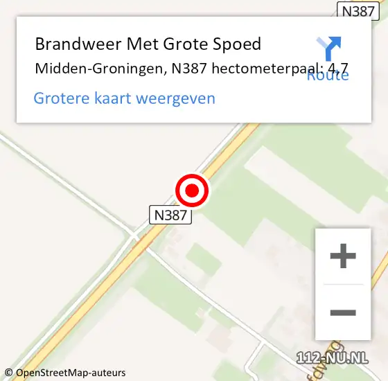 Locatie op kaart van de 112 melding: Brandweer Met Grote Spoed Naar Midden-Groningen, N387 hectometerpaal: 4,7 op 21 juni 2022 16:16