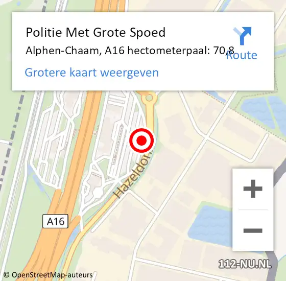 Locatie op kaart van de 112 melding: Politie Met Grote Spoed Naar Zundert, A16 hectometerpaal: 70,8 op 21 juni 2022 17:41