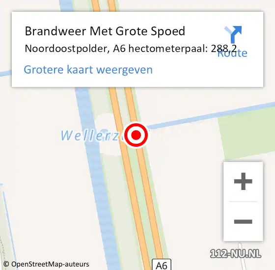 Locatie op kaart van de 112 melding: Brandweer Met Grote Spoed Naar Noordoostpolder, A6 hectometerpaal: 288,2 op 21 juni 2022 17:46