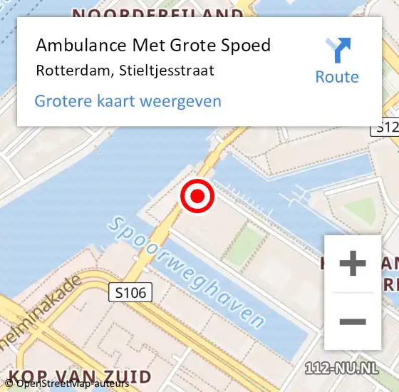 Locatie op kaart van de 112 melding: Ambulance Met Grote Spoed Naar Rotterdam, Stieltjesstraat op 21 juni 2022 19:16