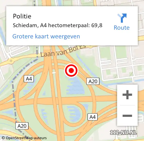 Locatie op kaart van de 112 melding: Politie Schiedam, A4 hectometerpaal: 69,8 op 21 juni 2022 20:13