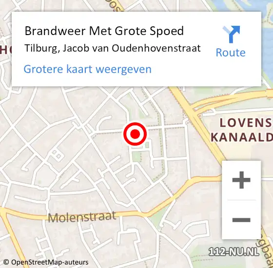 Locatie op kaart van de 112 melding: Brandweer Met Grote Spoed Naar Tilburg, Jacob van Oudenhovenstraat op 21 juni 2022 20:46