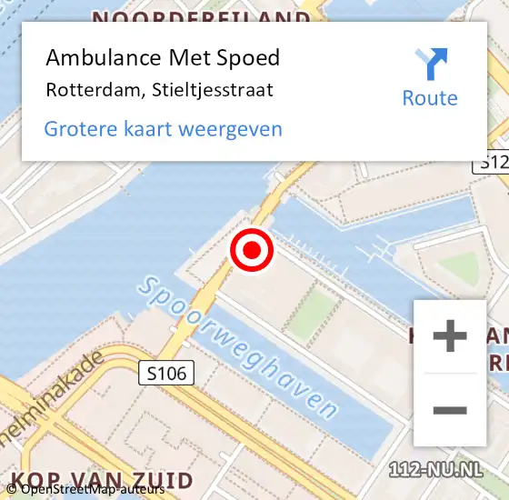Locatie op kaart van de 112 melding: Ambulance Met Spoed Naar Rotterdam, Stieltjesstraat op 21 juni 2022 23:13
