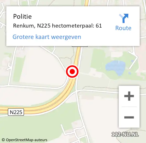 Locatie op kaart van de 112 melding: Politie Renkum, N225 hectometerpaal: 61 op 21 juni 2022 23:20