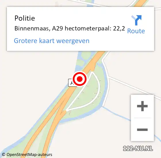 Locatie op kaart van de 112 melding: Politie Binnenmaas, A29 hectometerpaal: 22,2 op 22 juni 2022 03:08