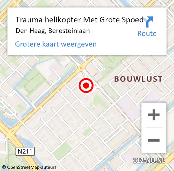 Locatie op kaart van de 112 melding: Trauma helikopter Met Grote Spoed Naar Den Haag, Beresteinlaan op 22 juni 2022 05:10