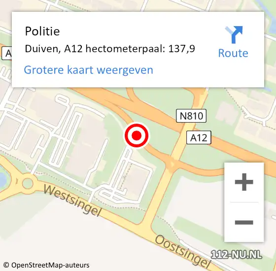 Locatie op kaart van de 112 melding: Politie Duiven, A12 hectometerpaal: 137,9 op 22 juni 2022 06:57