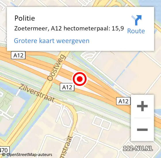 Locatie op kaart van de 112 melding: Politie Zoetermeer, A12 hectometerpaal: 15,9 op 22 juni 2022 07:45