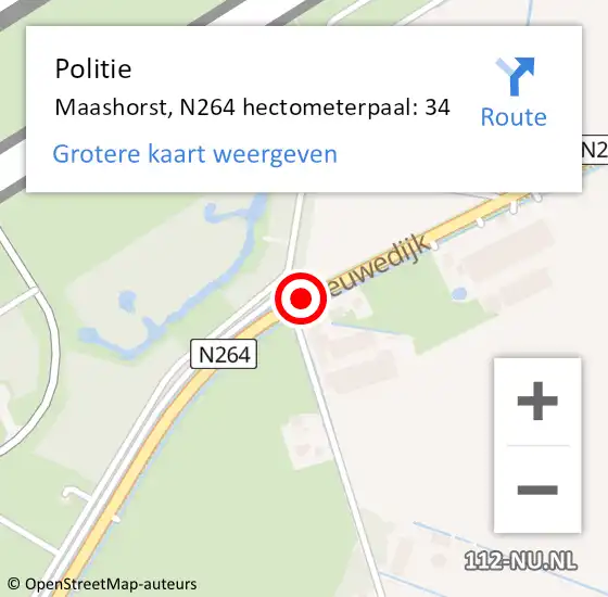 Locatie op kaart van de 112 melding: Politie Maashorst, N264 hectometerpaal: 34 op 22 juni 2022 08:52