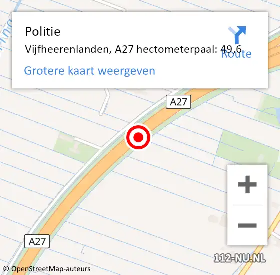 Locatie op kaart van de 112 melding: Politie Vijfheerenlanden, A27 hectometerpaal: 49,6 op 22 juni 2022 08:53