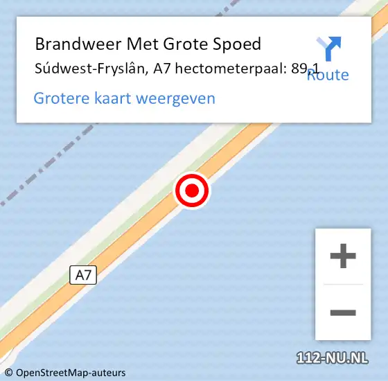 Locatie op kaart van de 112 melding: Brandweer Met Grote Spoed Naar Súdwest-Fryslân, A7 hectometerpaal: 89,1 op 22 juni 2022 09:57