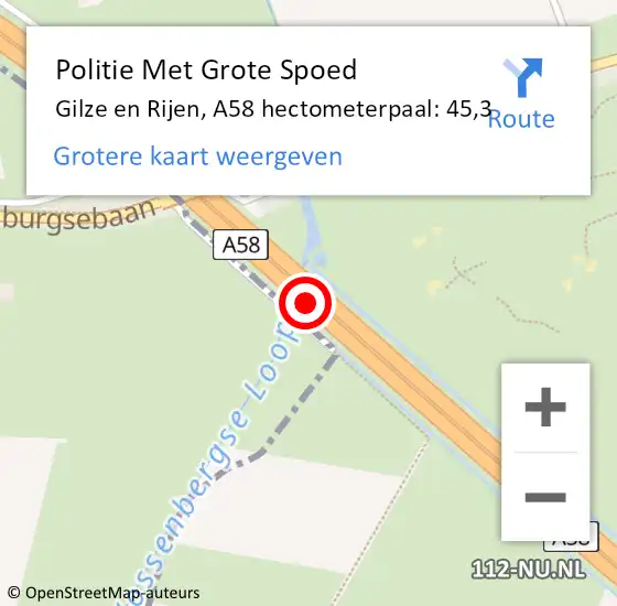 Locatie op kaart van de 112 melding: Politie Met Grote Spoed Naar Gilze en Rijen, A58 hectometerpaal: 45,3 op 22 juni 2022 10:10