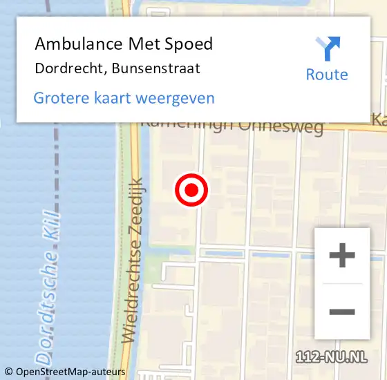 Locatie op kaart van de 112 melding: Ambulance Met Spoed Naar Dordrecht, Bunsenstraat op 22 juni 2022 13:56