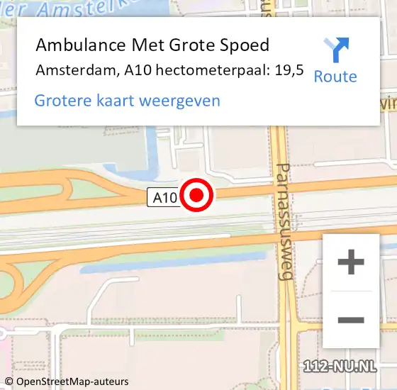 Locatie op kaart van de 112 melding: Ambulance Met Grote Spoed Naar Amsterdam, A10 hectometerpaal: 19,5 op 22 juni 2022 14:52