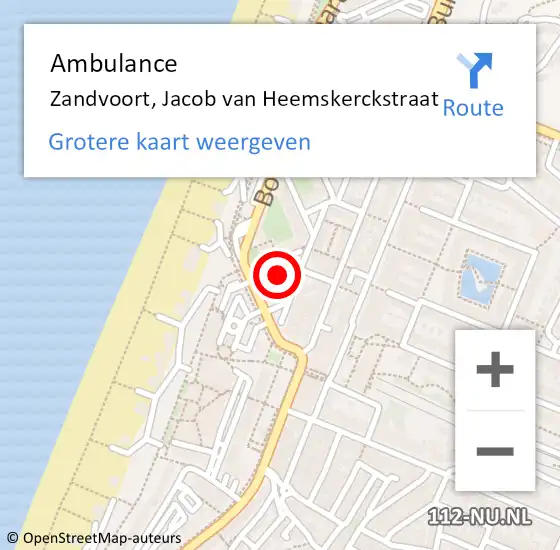 Locatie op kaart van de 112 melding: Ambulance Zandvoort, Jacob van Heemskerckstraat op 22 juni 2022 15:52