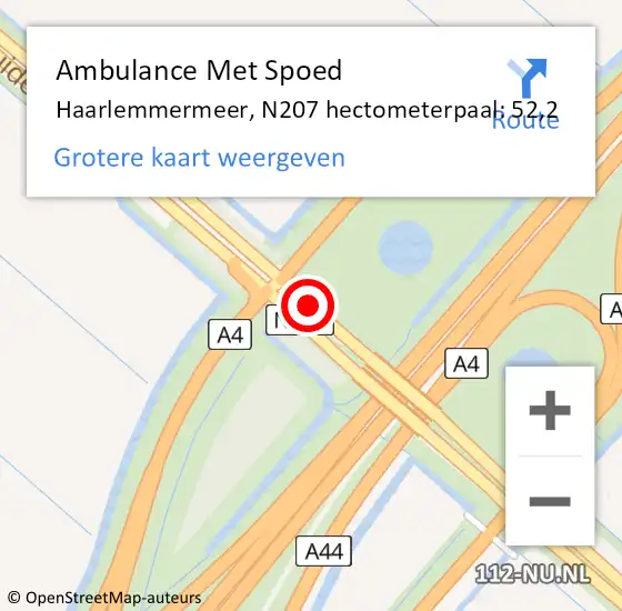 Locatie op kaart van de 112 melding: Ambulance Met Spoed Naar Haarlemmermeer, N207 hectometerpaal: 52,2 op 22 juni 2022 16:15